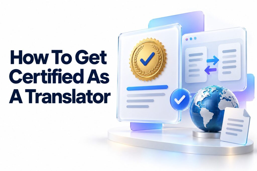 Professional translator studying certification materials at a desk