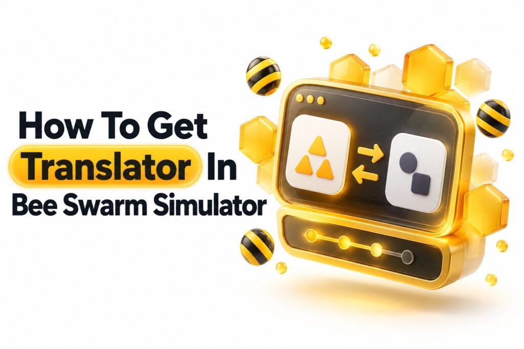 Bee Swarm Simulator Translator quest badge and a bee near the player’s hive